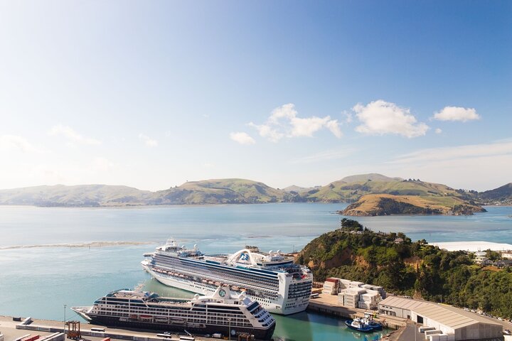 Cruise ships berthed at Port Chalmers with the harbour beyond
