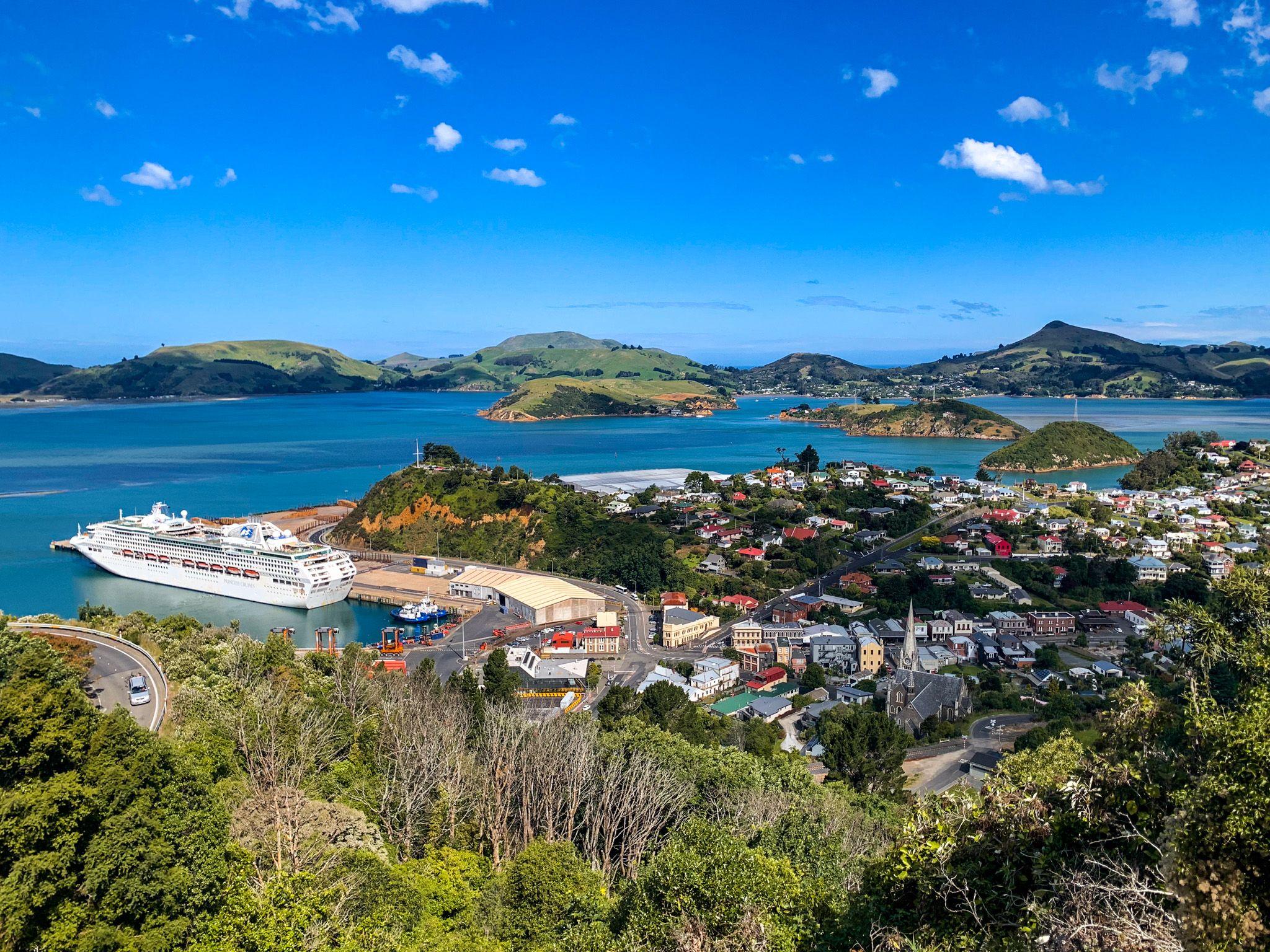Otago Harbour and the Peninsula hills seen from above Port Chalmers